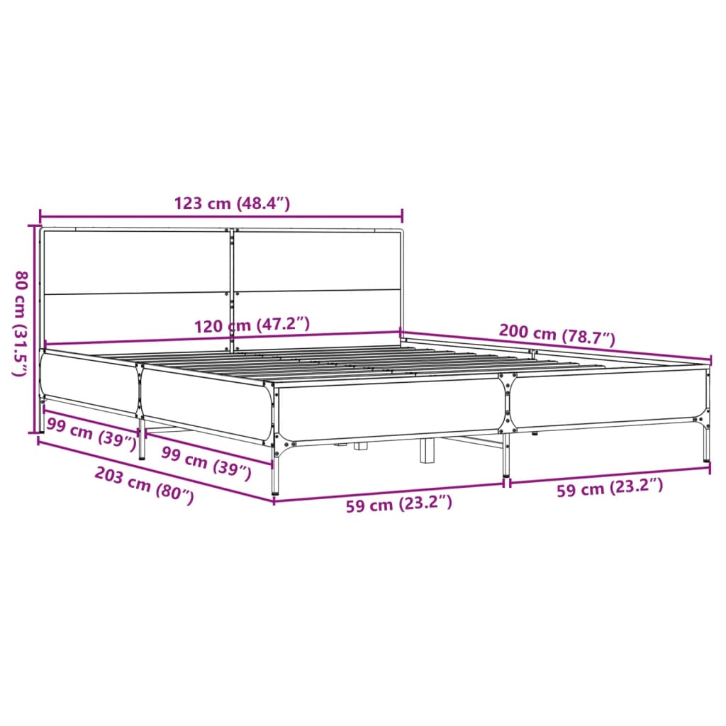 vidaXL Sengeramme røkt eik 120x200 cm konstruert tre og metall