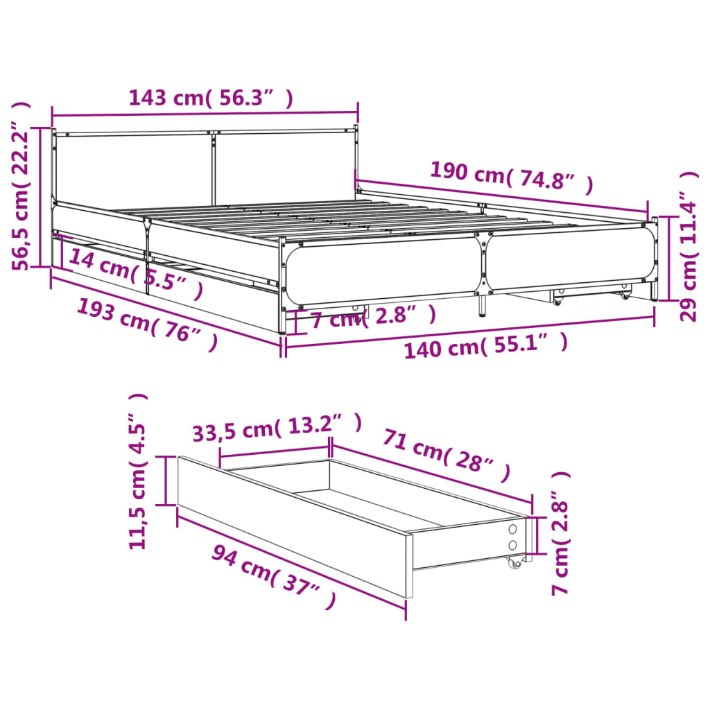 vidaXL Sengeramme med skuffer svart 140x190 cm konstruert tre