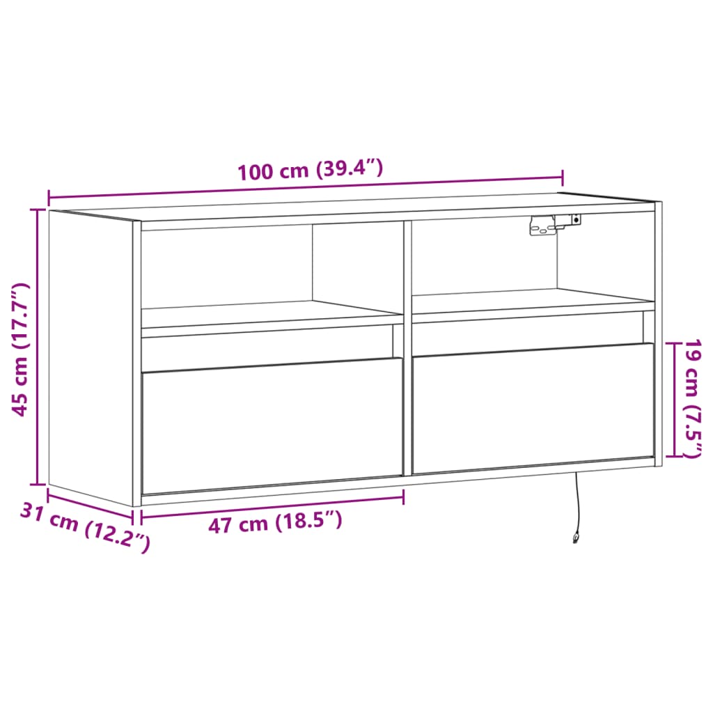 vidaXL Vegghengt TV-benk med LED svart 100x31x45 cm