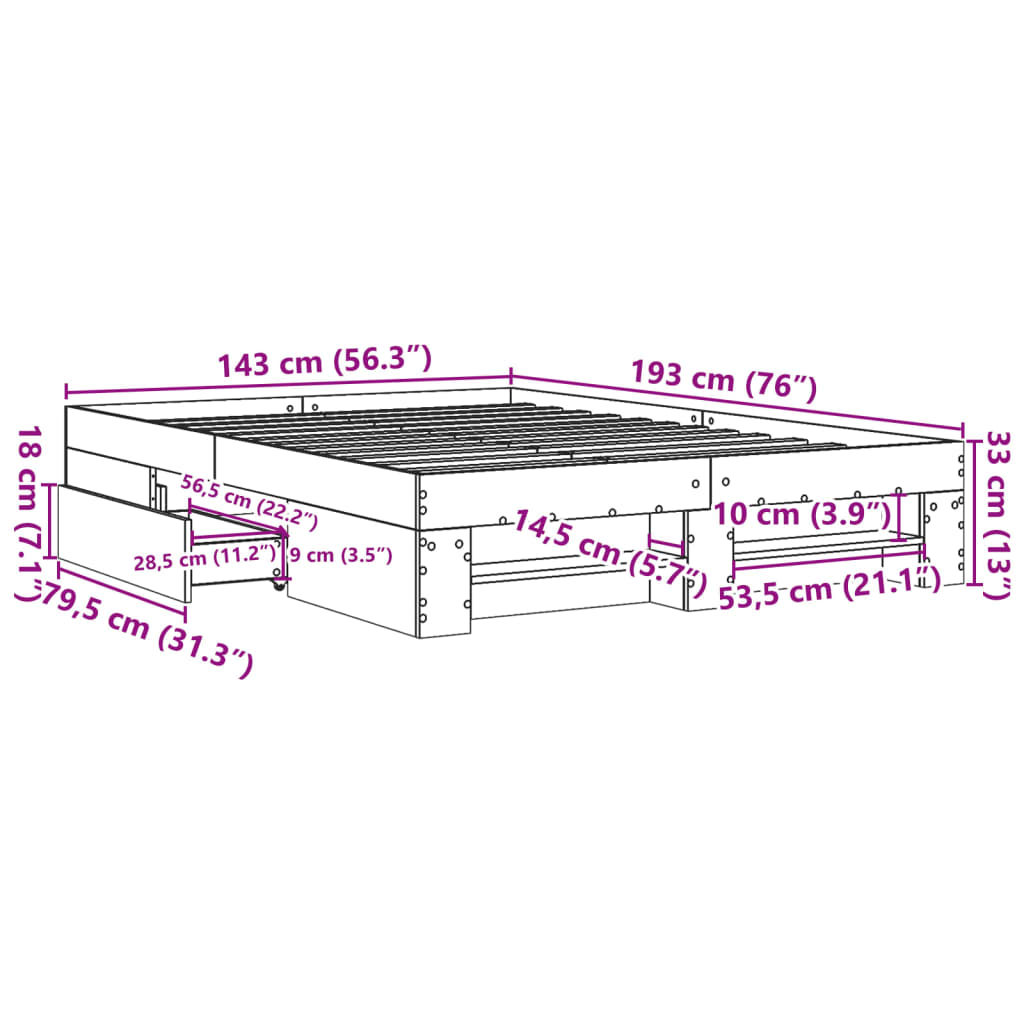 vidaXL Sengeramme betonggrå 140x190 cm konstruert tre