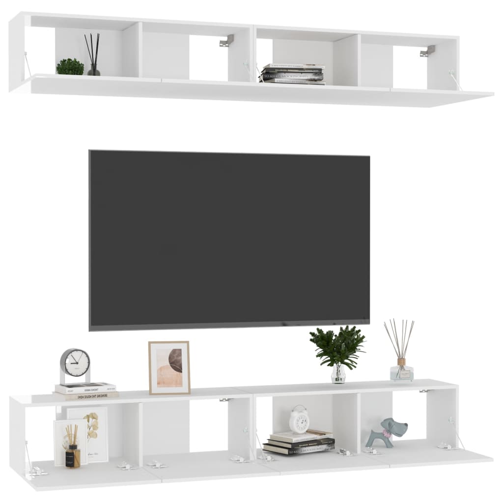 vidaXL TV-benk 4 stk høyglans hvit 100x30x30 cm sponplate