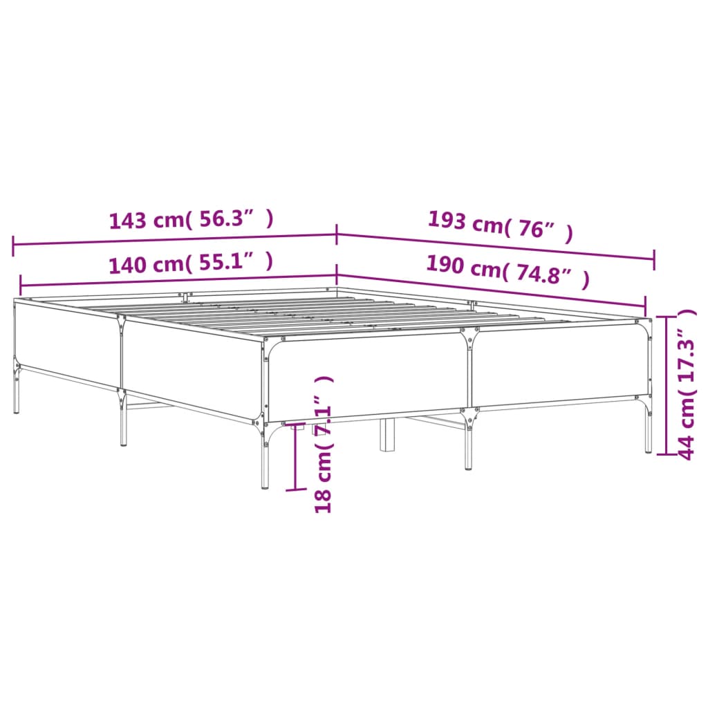 vidaXL Sengeramme grå sonoma 140x190 cm konstruert tre og metall