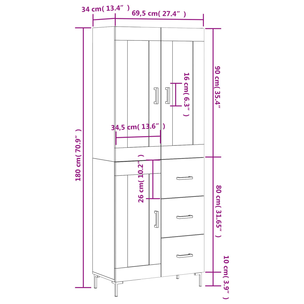 vidaXL Highboard høyglans hvit 69,5x34x180 cm konstruert tre