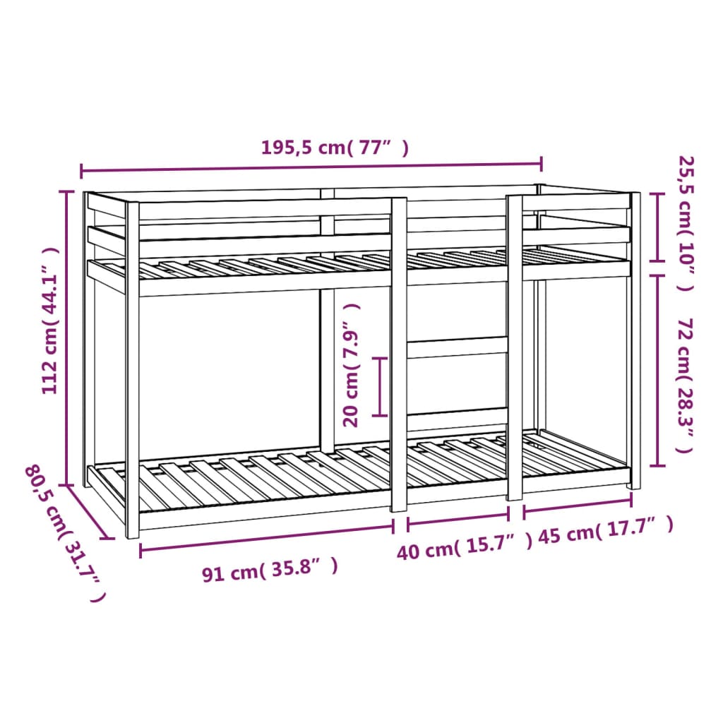 vidaXL Køyeseng svart 75x190 cm heltre furu