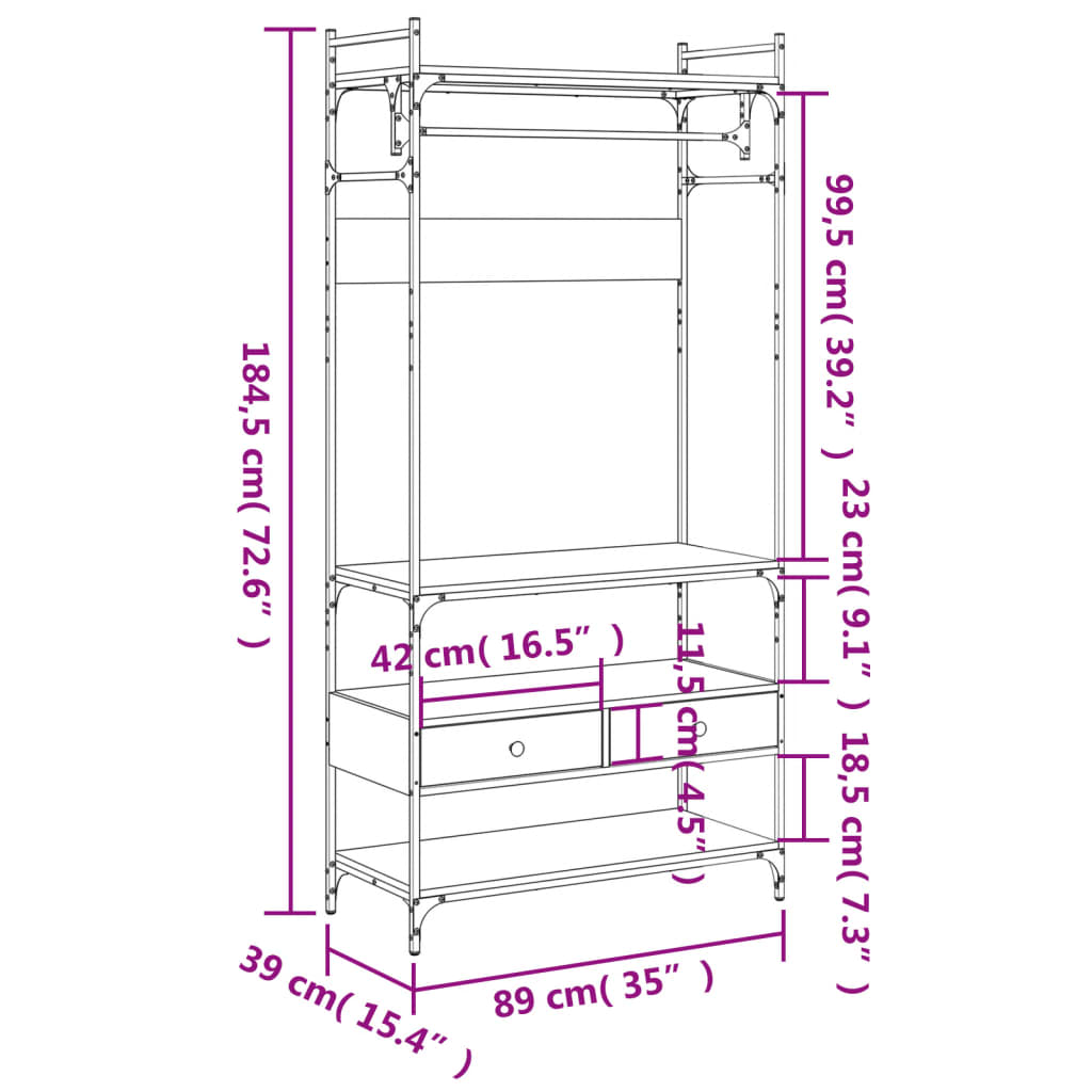 vidaXL Garderobe med skuffer brun eik 89x39x184,5 cm konstruert tre