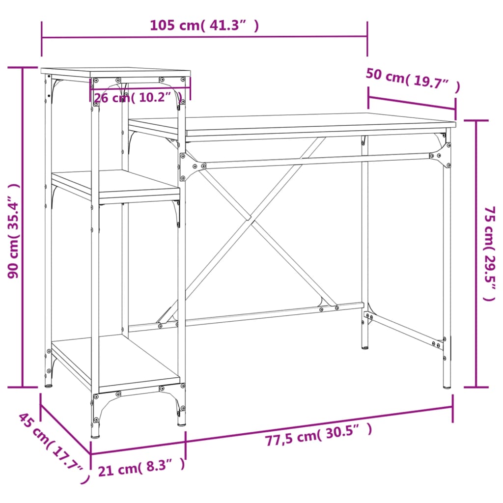 vidaXL Skrivebord med hyller sonoma 105x50x90 cm konstruert tre jern