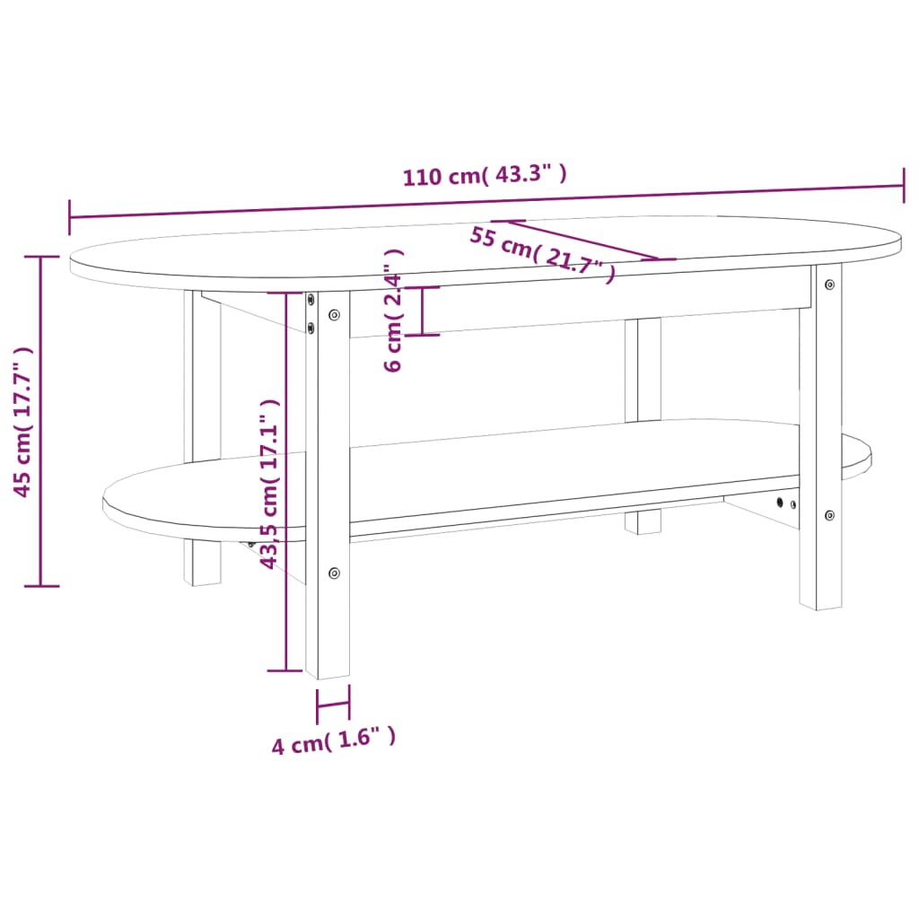 vidaXL Salongbord honningbrun 110x55x45 cm heltre furu