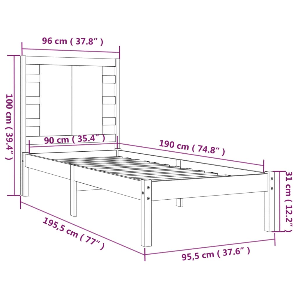 vidaXL Sengeramme svart heltre 90x190 cm Single