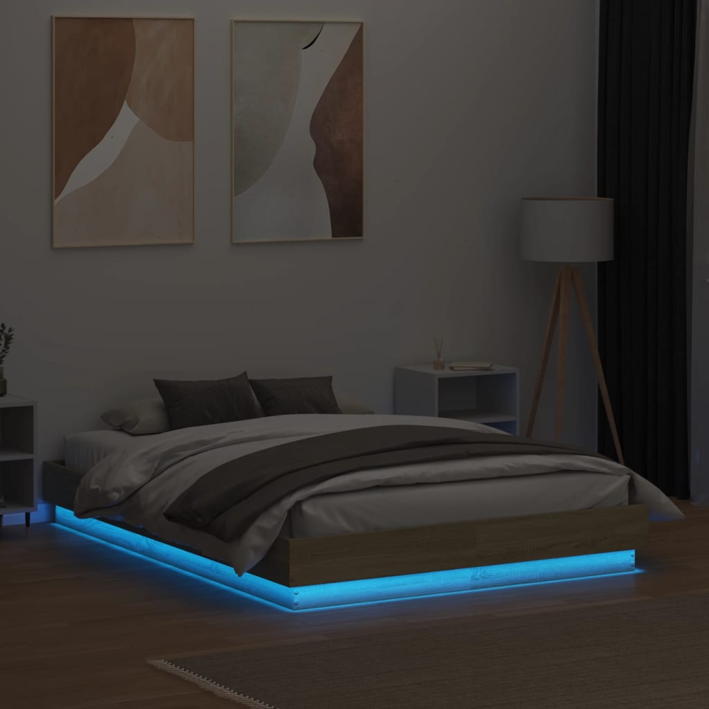 vidaXL Sengeramme med LED-lys sonoma eik 135x190 cm