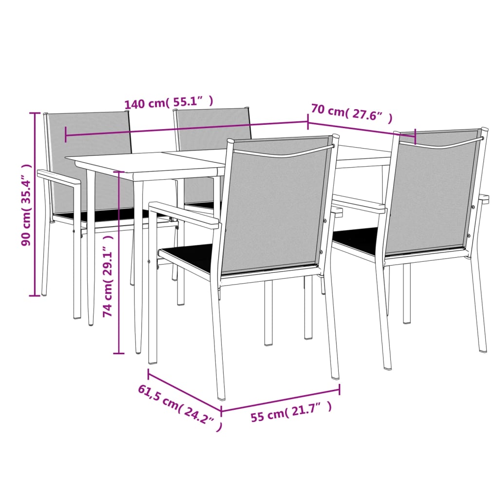 vidaXL Hagespisegruppe 5 deler svart textilene og stål