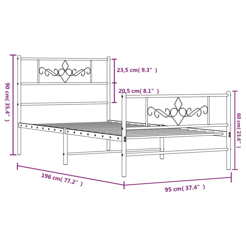 vidaXL Sengeramme i metall med hode- og fotgavl hvit 90x190 cm