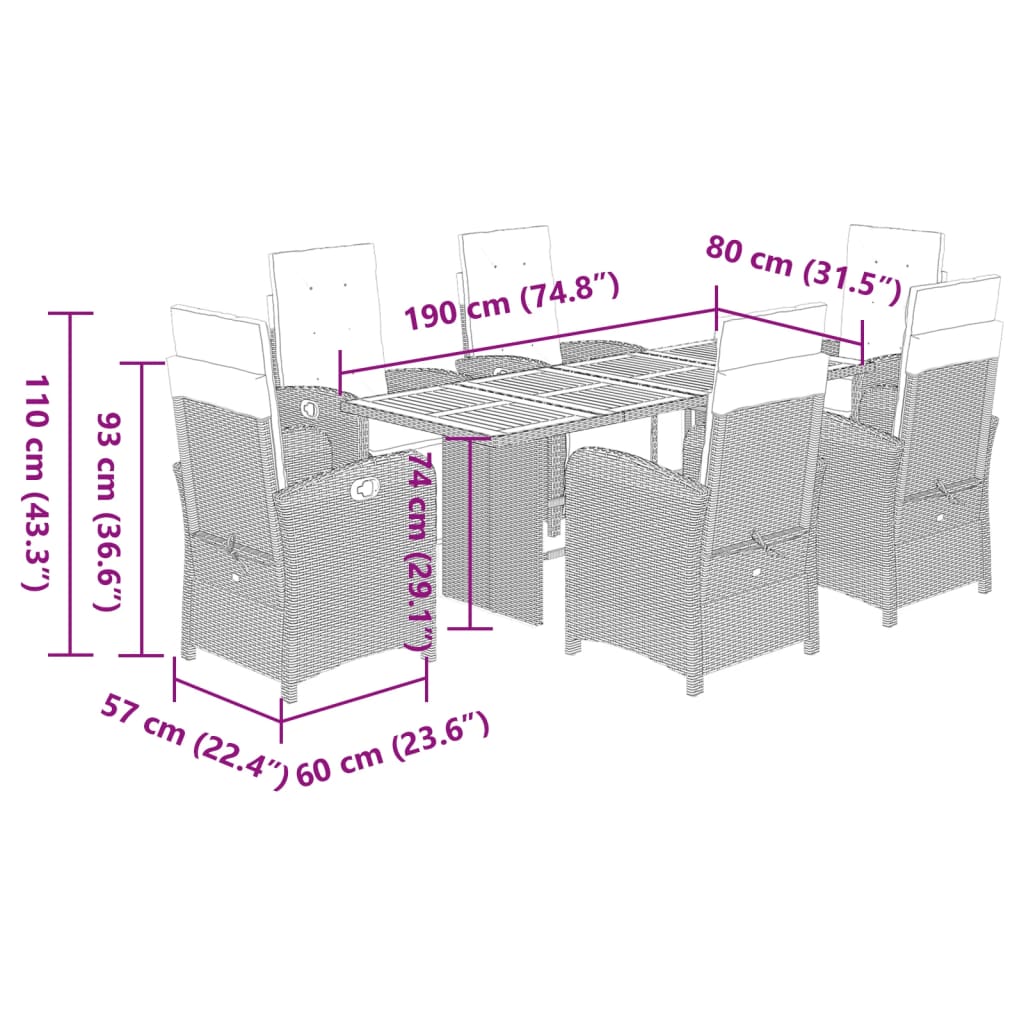 vidaXL Hagespisegruppe med puter 7 deler polyrotting svart