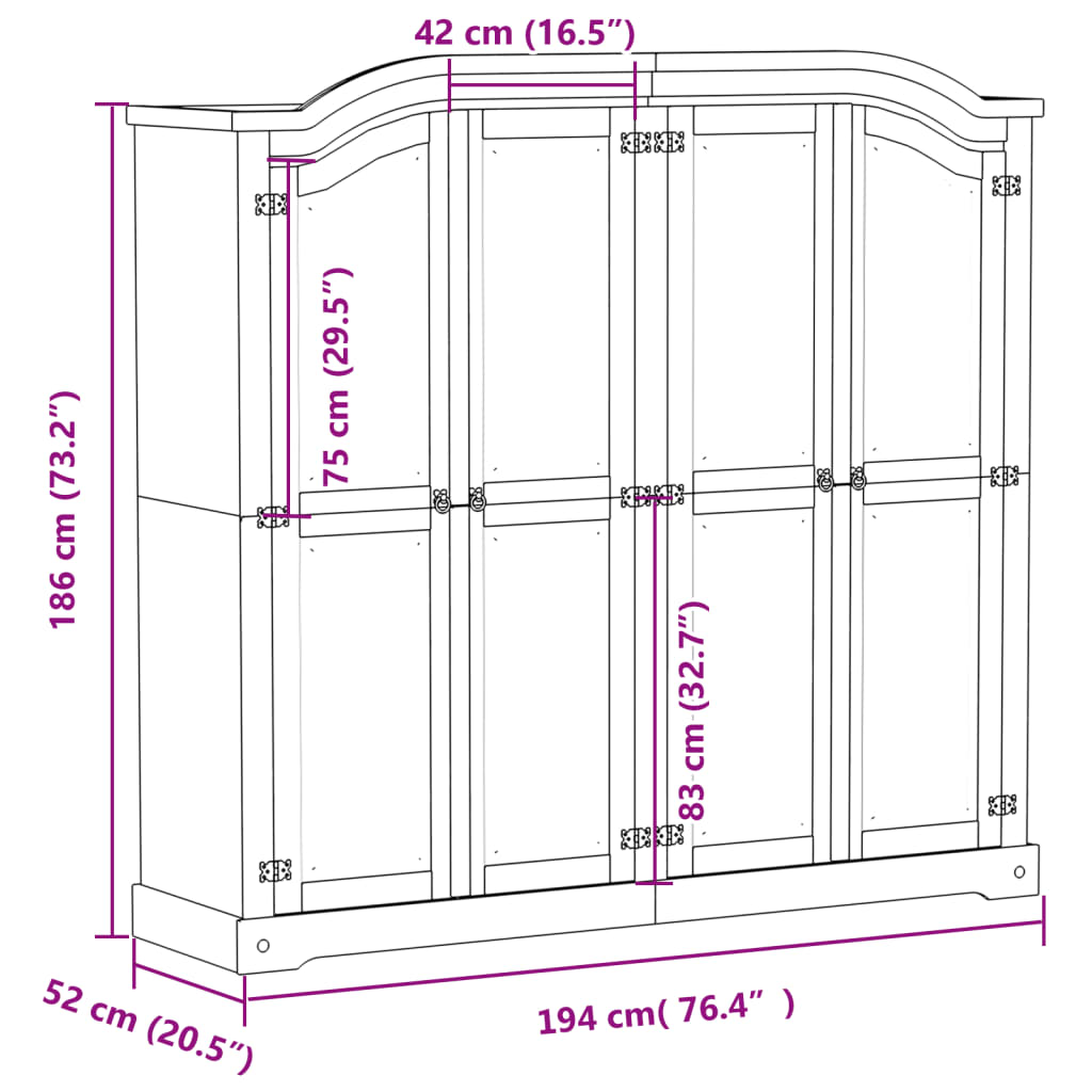 vidaXL Garderobe Corona hvit 194x52x186 cm heltre furu