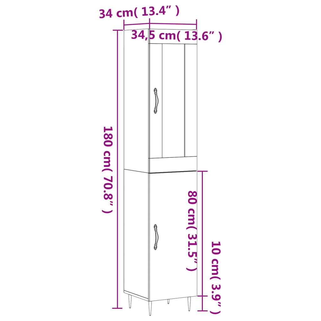 vidaXL Highboard høyglans hvit 34,5x34x180 cm konstruert tre