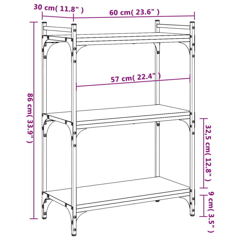 vidaXL Bokhylle 3 etasjer sonoma eik 60x30x86 cm konstruert tre