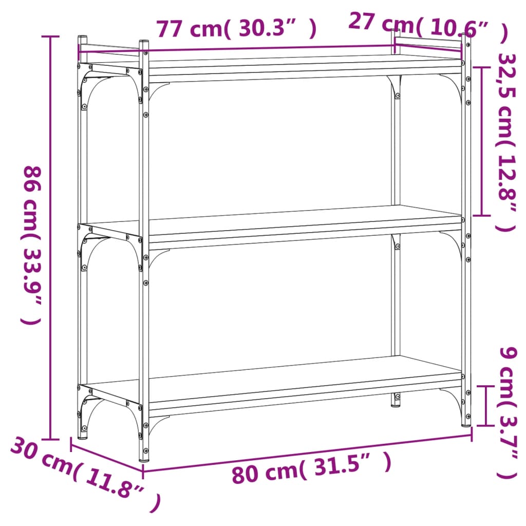 vidaXL Bokhylle 3 etasjer røkt eik 80x30x86 cm konstruert tre