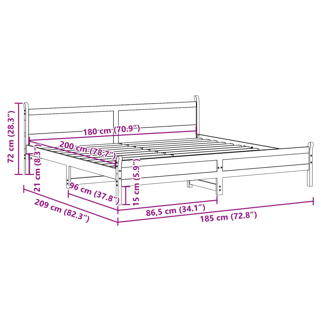 vidaXL Sengeramme uten madrass hvit 180x200 cm heltre furu