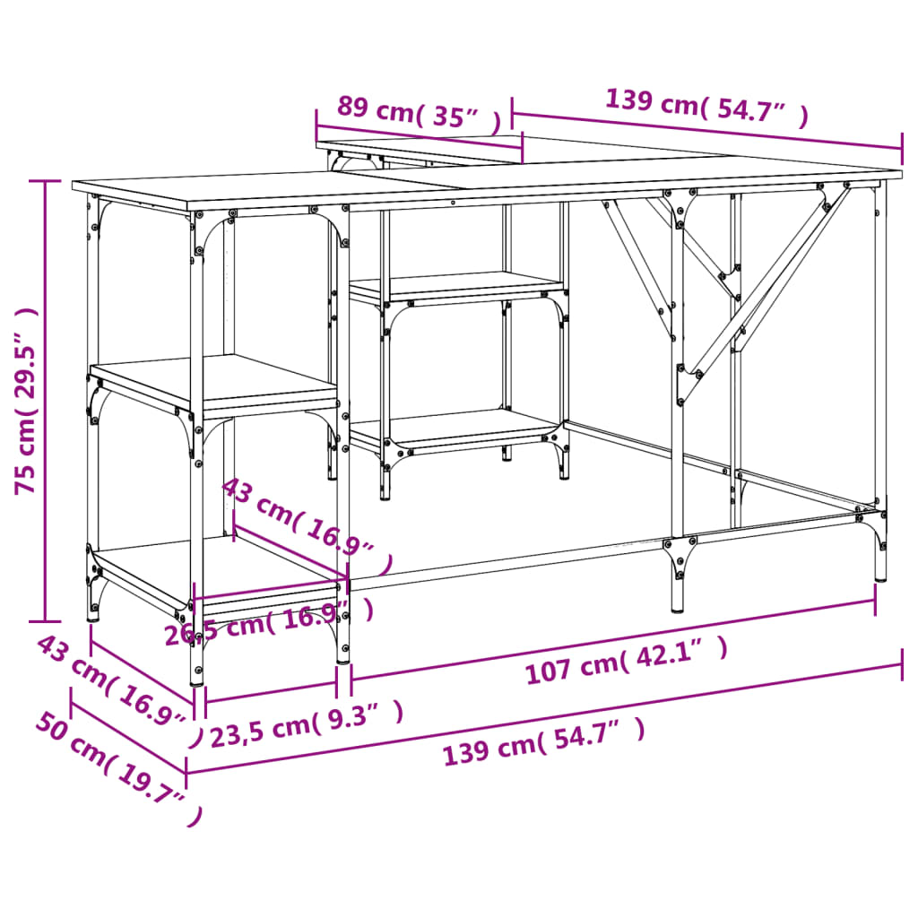 vidaXL Skrivebord røkt eik 139x139x75 cm konstruert tre