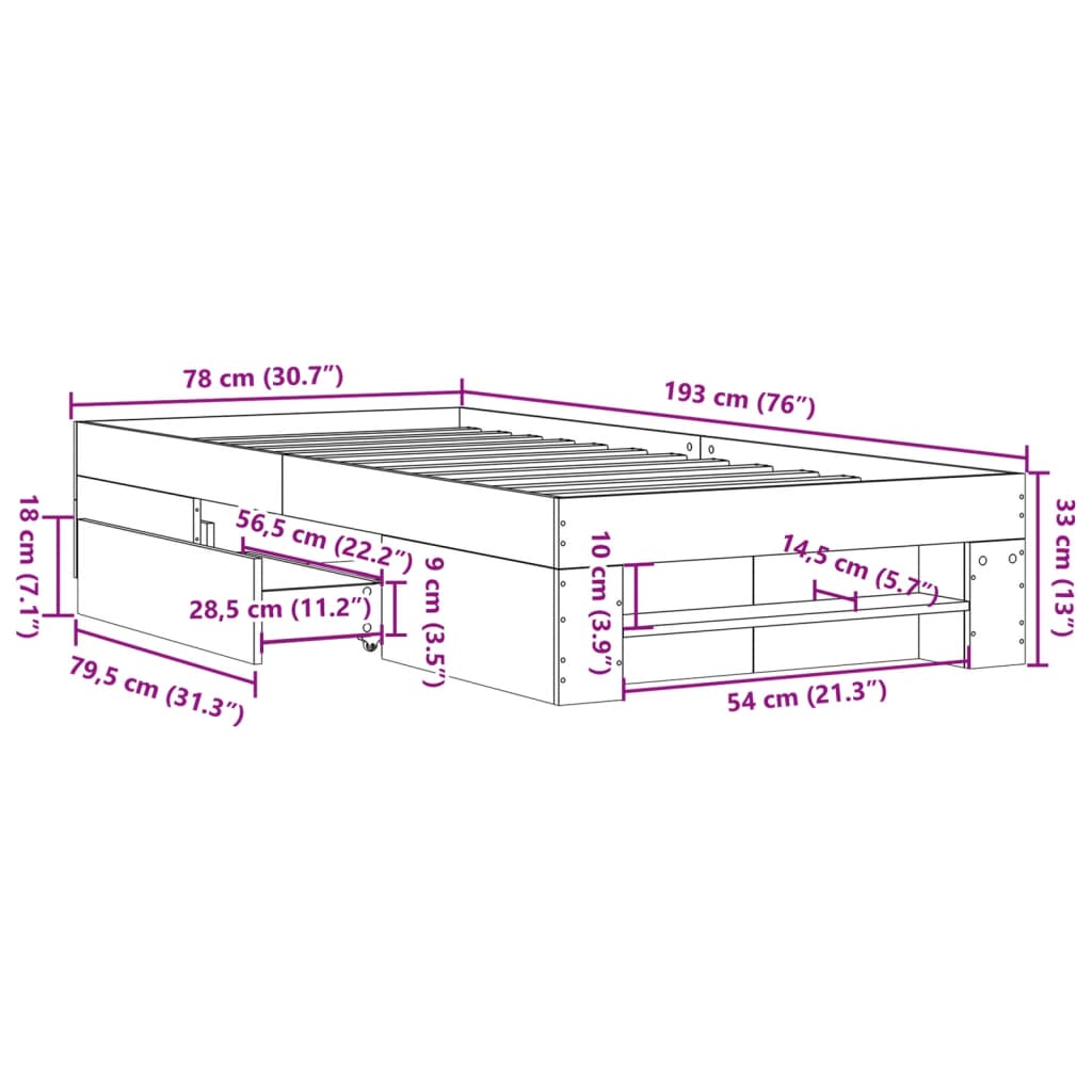 vidaXL Sengeramme hvit 75x190 cm konstruert tre