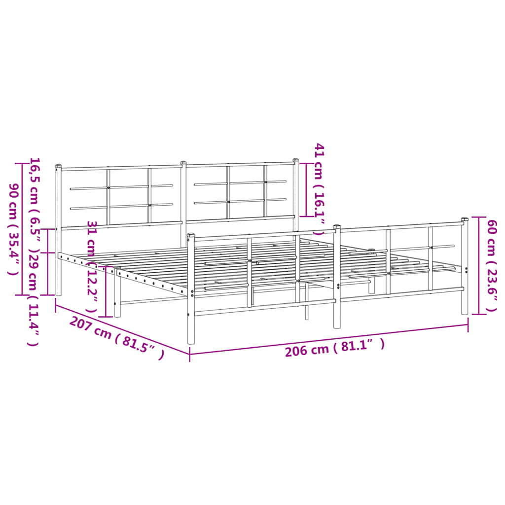 vidaXL Sengeramme i metall med hode- og fotgavl svart 200x200 cm