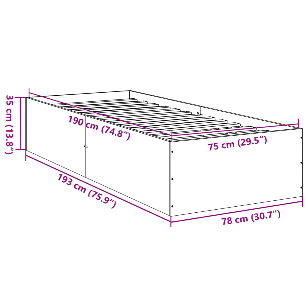 vidaXL Sengeramme uten madrass røkt eik 75x190 cm konstruert tre