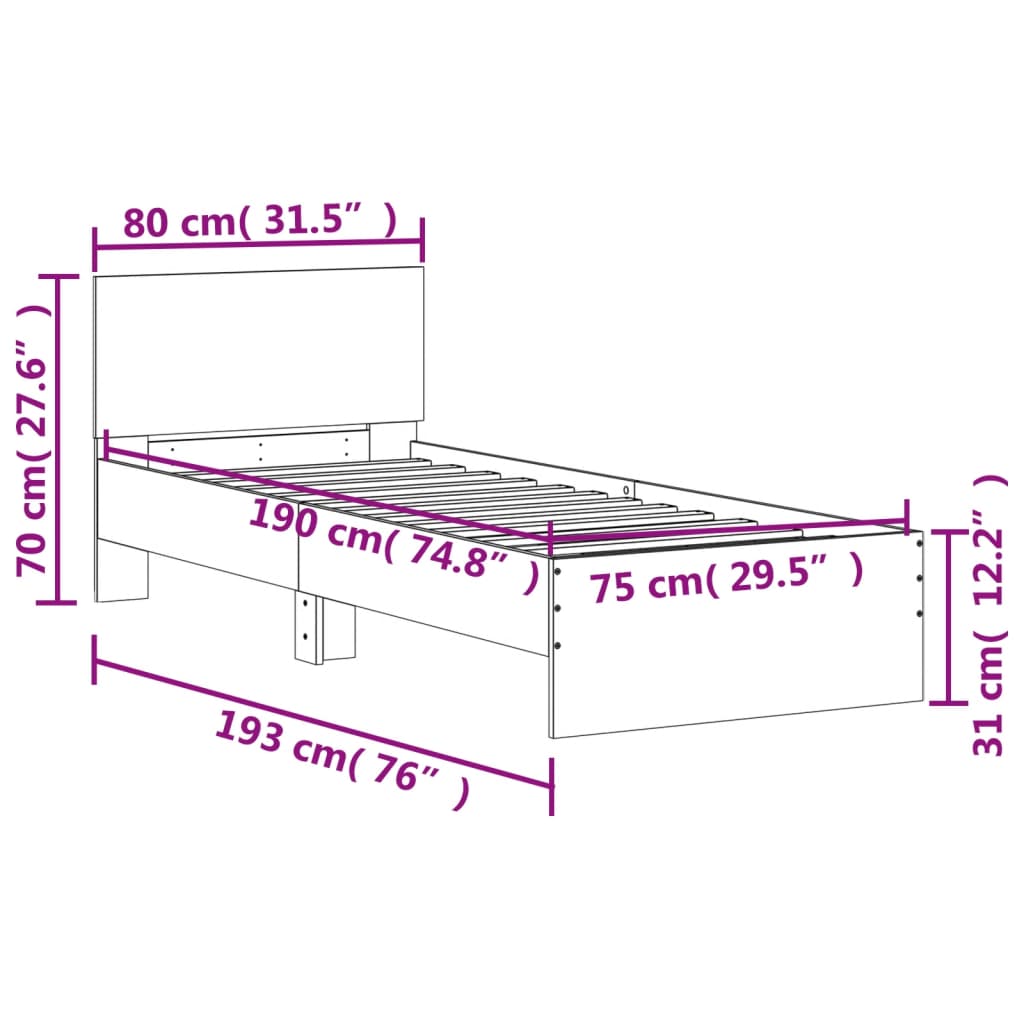 vidaXL Sengeramme med hodegavl og LED-lys brun eik 75x190 cm