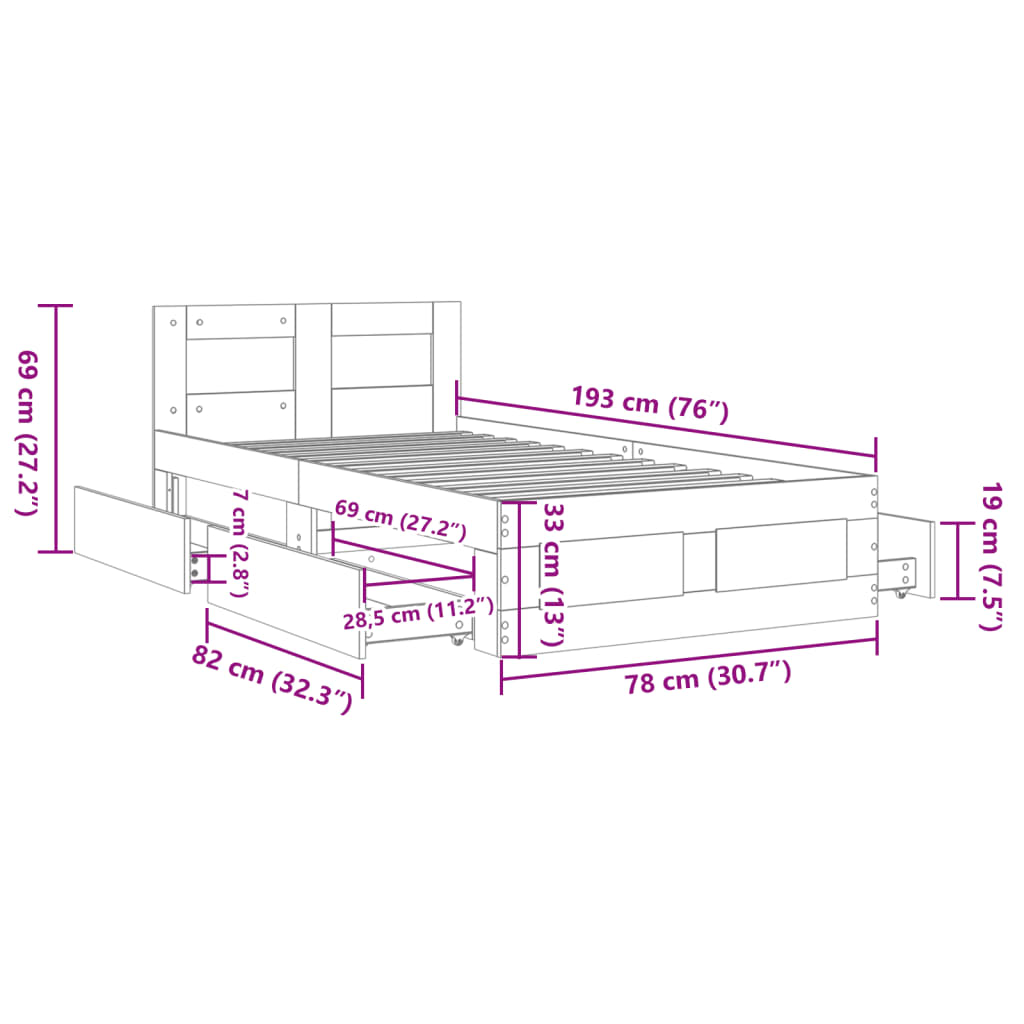 vidaXL Sengeramme med hodegavl svart 75x190 cm konstruert tre