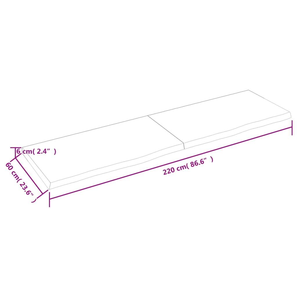 vidaXL Bordplate 220x60x(2-6) cm ubehandlet heltre eik