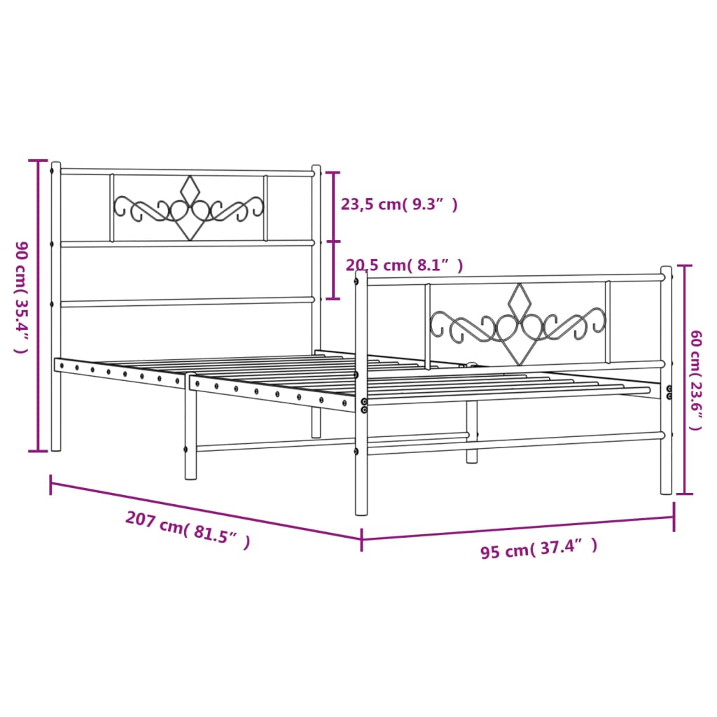 vidaXL Sengeramme i metall med hode- og fotgavl hvit 90x200 cm