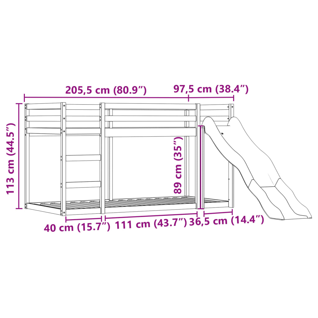 vidaXL Køyeseng med sklie og gardiner blå 90x200 cm