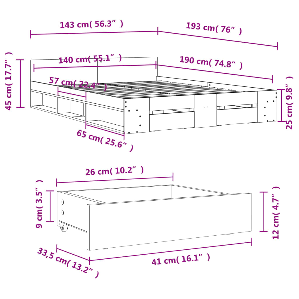 vidaXL Sengeramme med skuffer røkt eik 140x190 cm konstruert tre