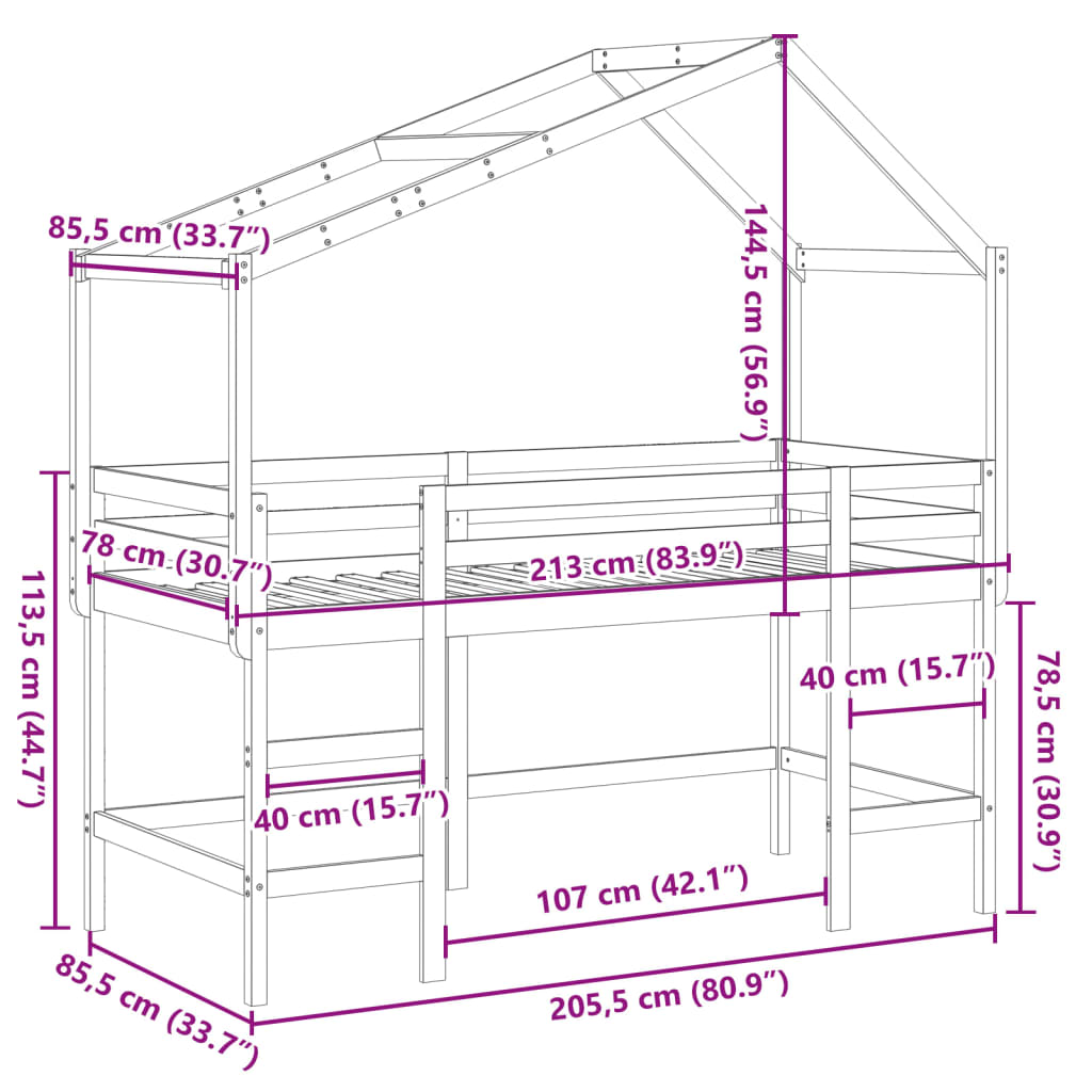 vidaXL Køyeseng med stige og tak hvit 80x200 cm heltre furu