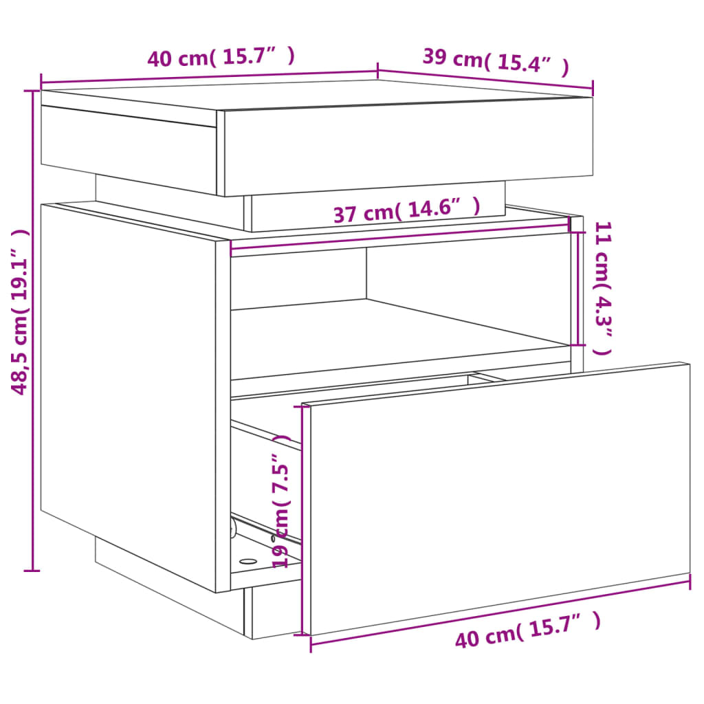 vidaXL Nattbord med LED røkt eik 40x39x48,5 cm