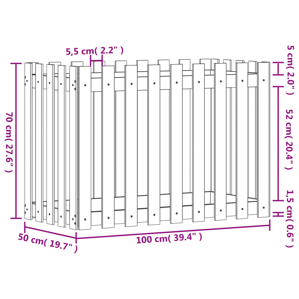 vidaXL Høybed med gjerdedesign hvit 100x50x70 cm heltre furu