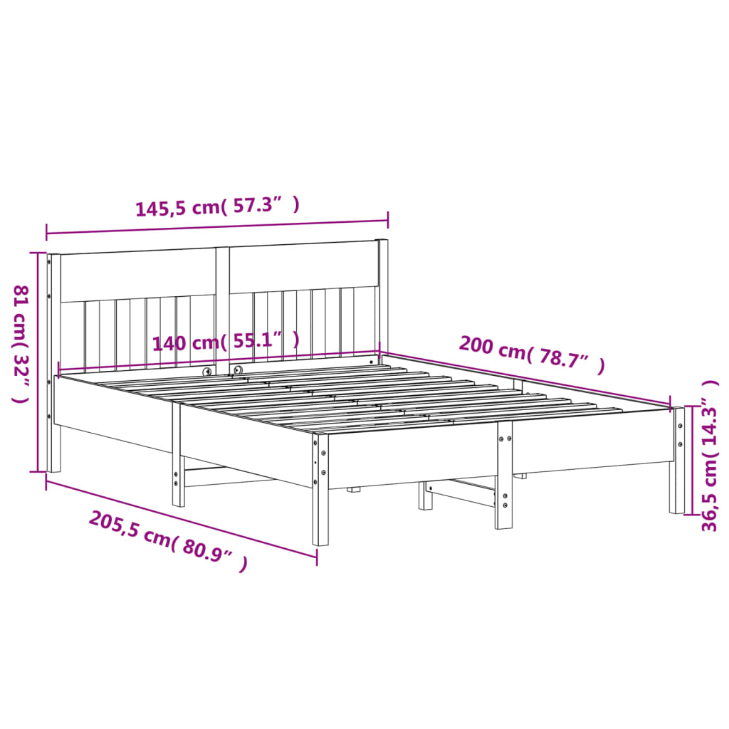 vidaXL Sengeramme uten madrass voksbrun 140x200 cm heltre furu