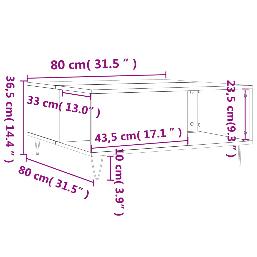 vidaXL Salongbord brun eik 80x80x36,5 cm konstruert tre