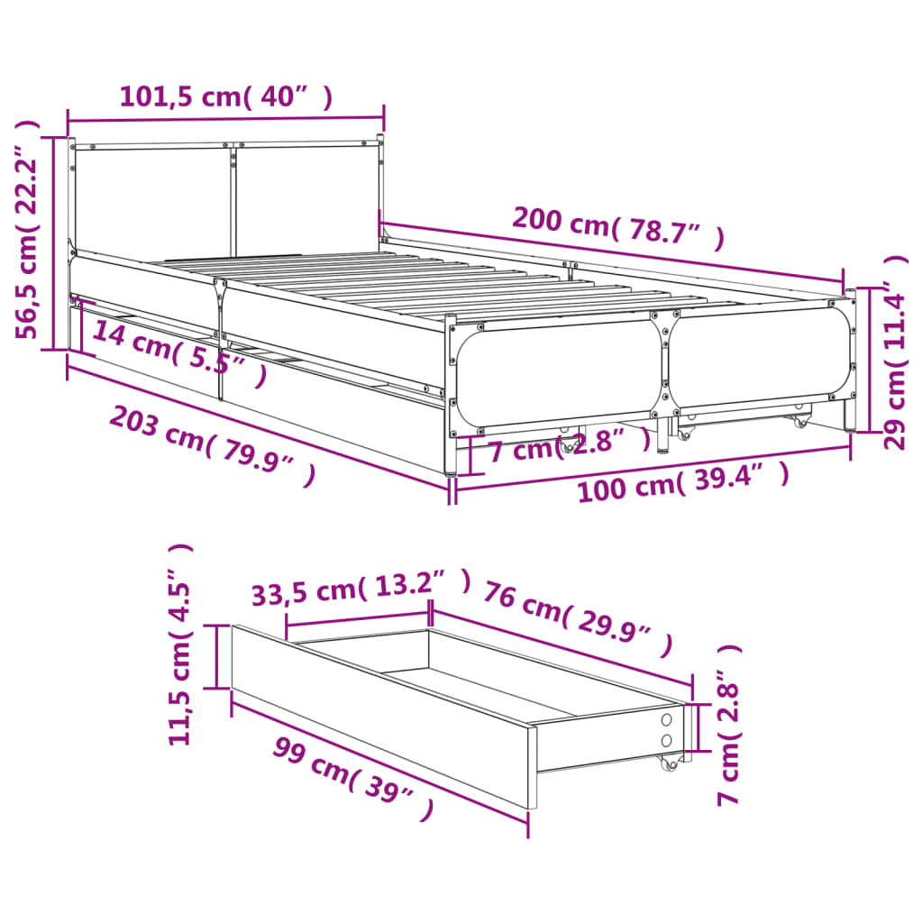 vidaXL Sengeramme med skuffer røkt eik 100x200 cm konstruert tre