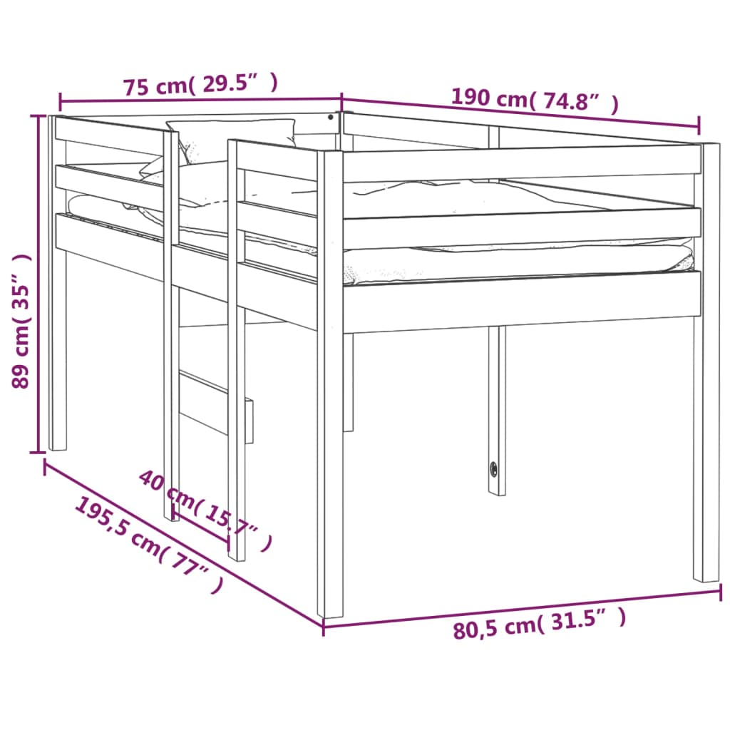 vidaXL Høyseng 75x190 cm heltre furu