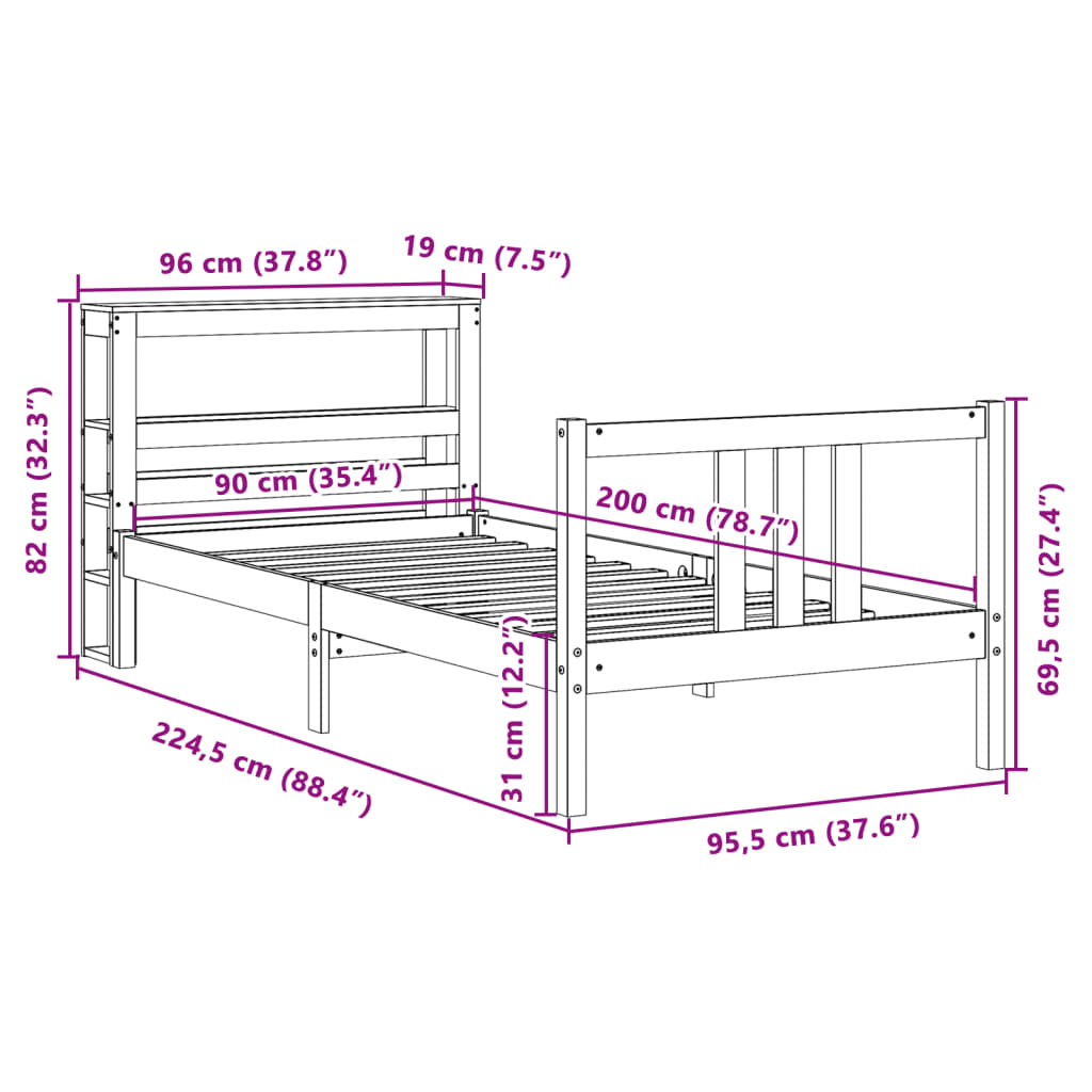 vidaXL Sengeramme med hodegavl hvit 90x200 cm heltre furu