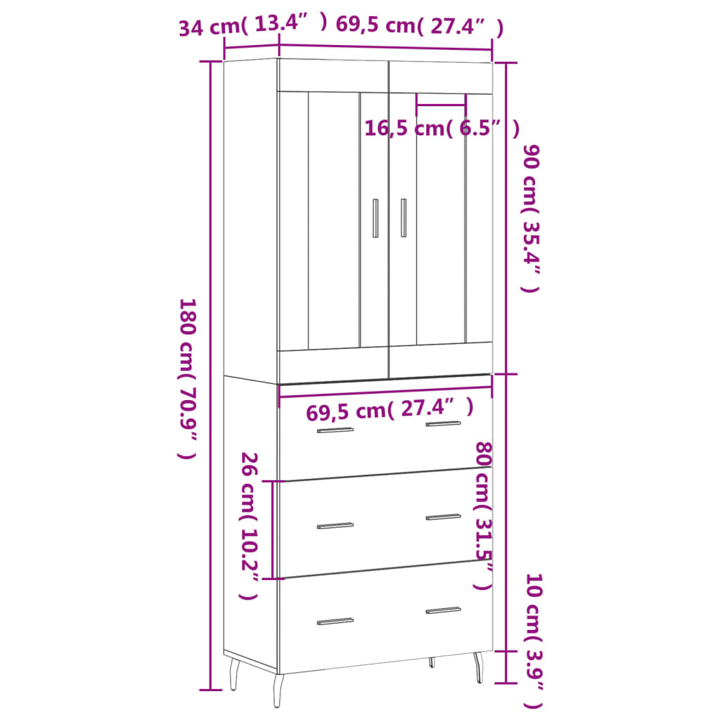 vidaXL Highboard svart 69,5x34x180 cm konstruert tre