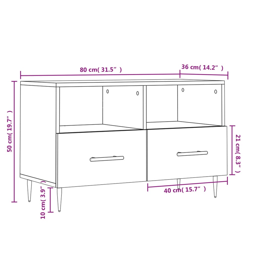 vidaXL TV-benk hvit 80x36x50 cm konstruert tre