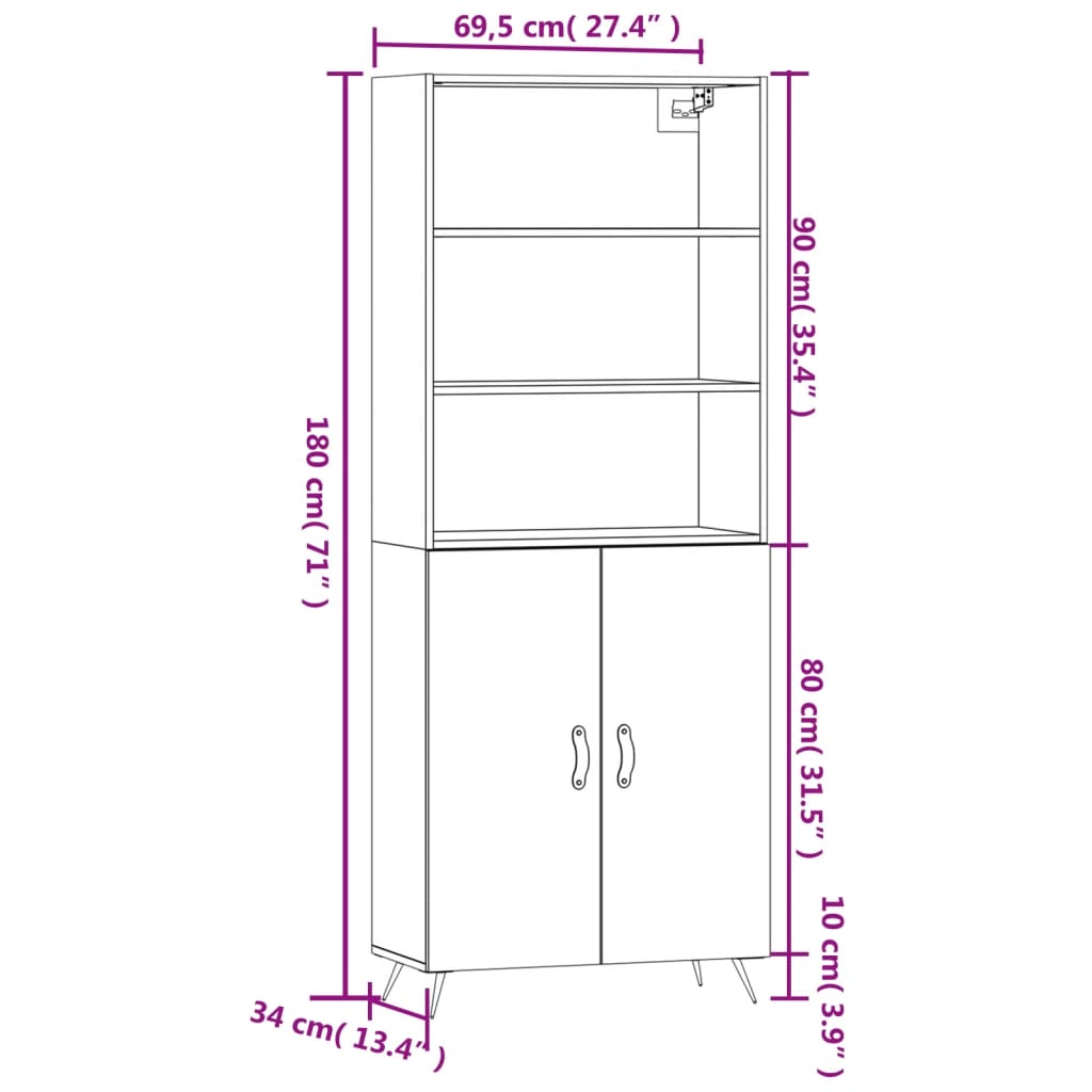 vidaXL Highboard betonggrå 69,5x34x180 cm konstruert tre