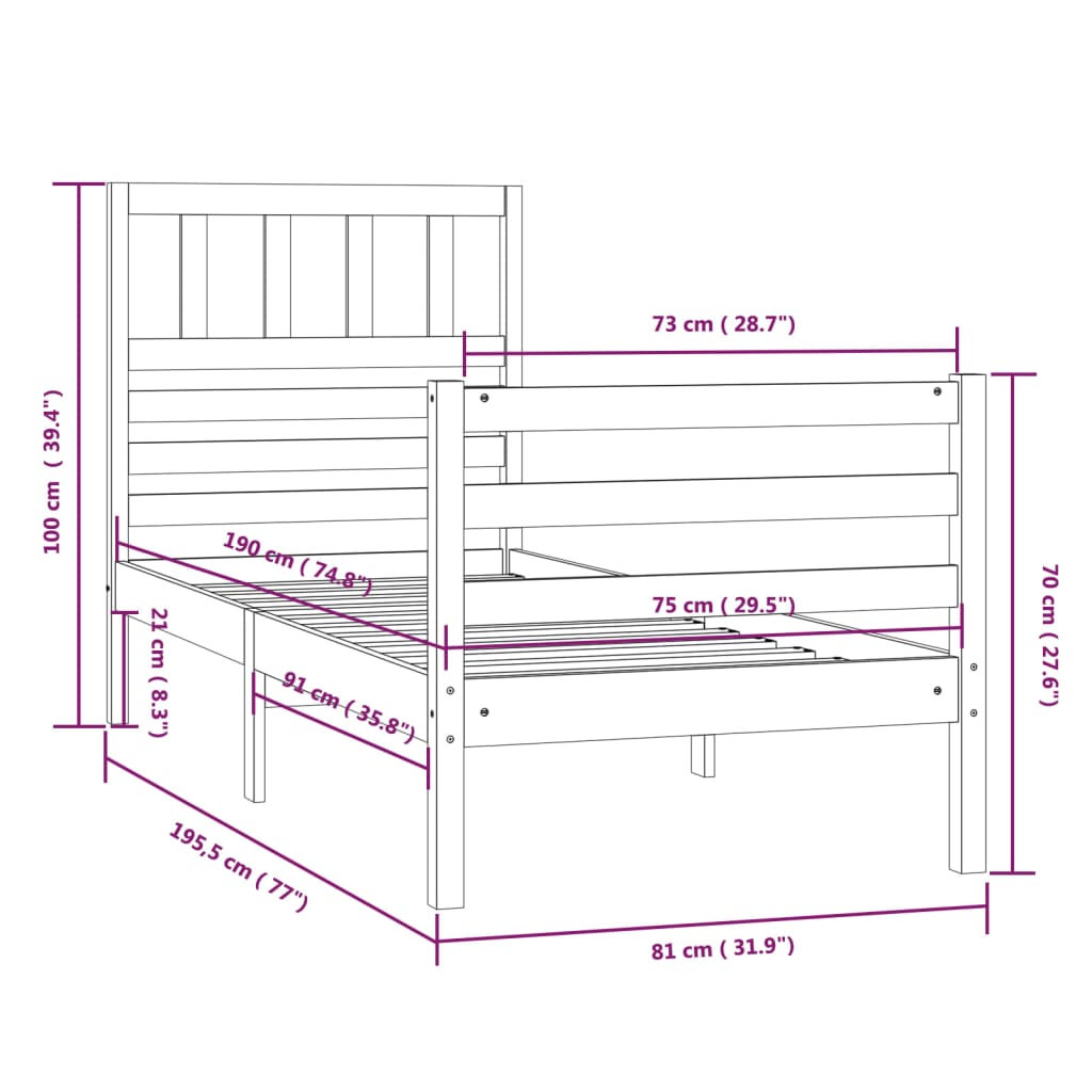 vidaXL Sengeramme 75x190 cm Small Single heltre