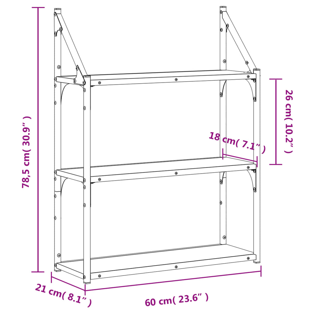 vidaXL Vegghylle 3 etasjer brun eik 60x21x78,5 cm konstruert tre