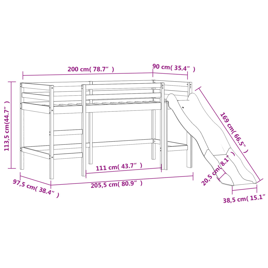 vidaXL Køyeseng for barn tunnel hvit og svart 90x200 cm heltre furu