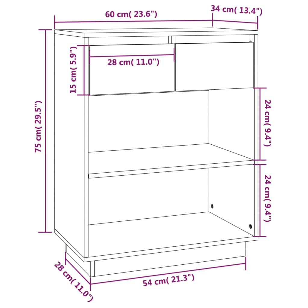 vidaXL Konsollskap hvit 60x34x75 cm heltre furu