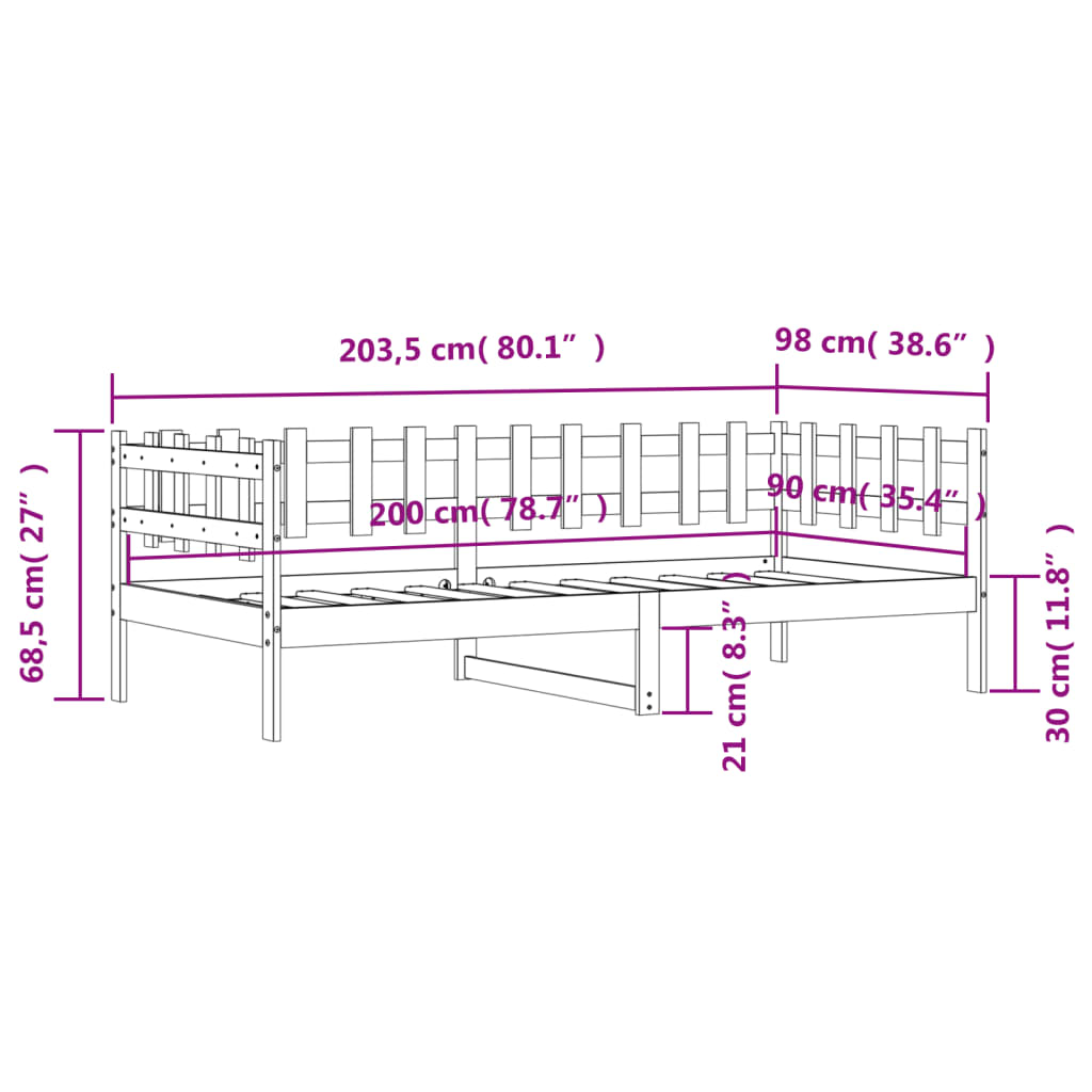 vidaXL Dagseng svart 90x200 cm heltre furu