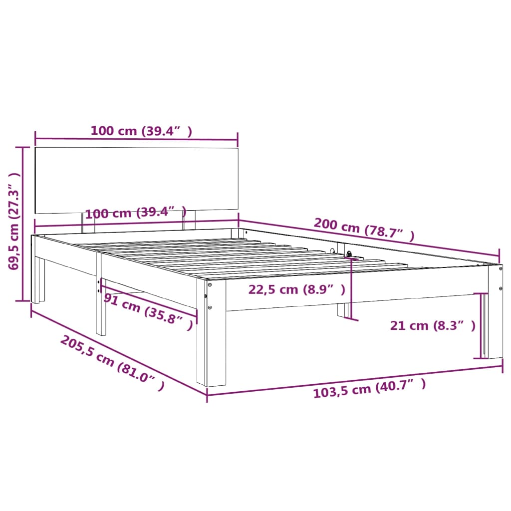 vidaXL Sengeramme grå heltre furu 100x200 cm