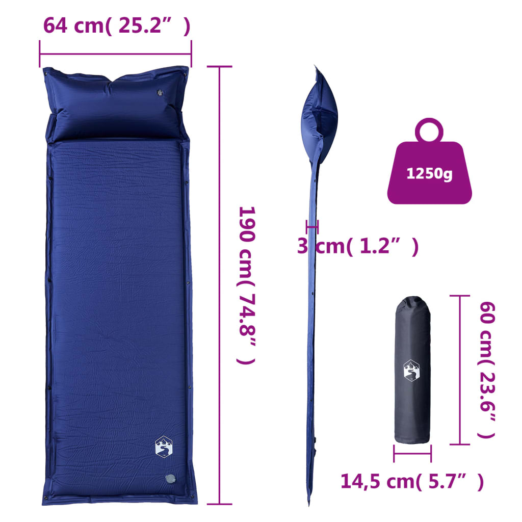 vidaXL Selvoppblåsende campingmadrass med pute for 1 person marineblå