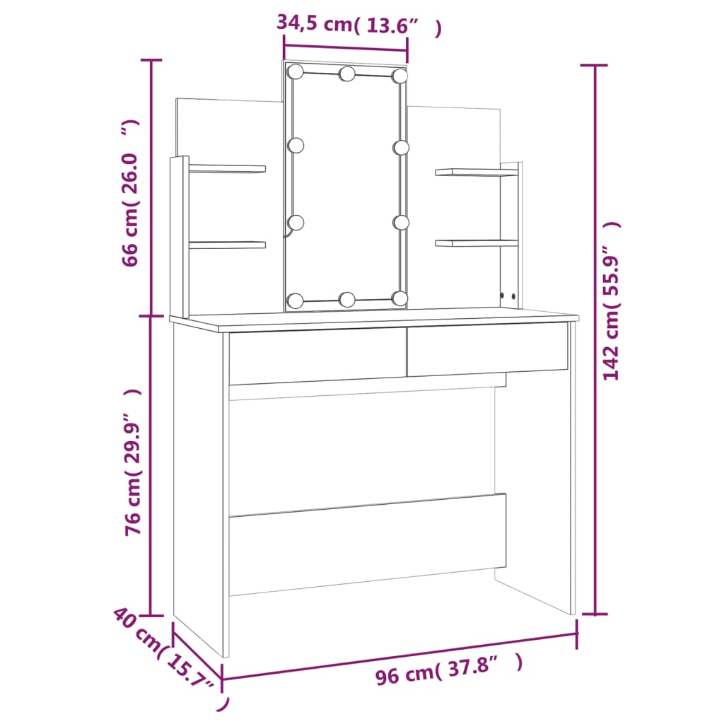 vidaXL Sminkebord med LED svart 96x40x142 cm